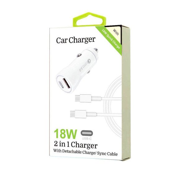 18W PD 2 in 1 Car Charger w/ C to C Cable (white) 18W PD 2 in 1 Car Charger w/ C to C Cable (white)